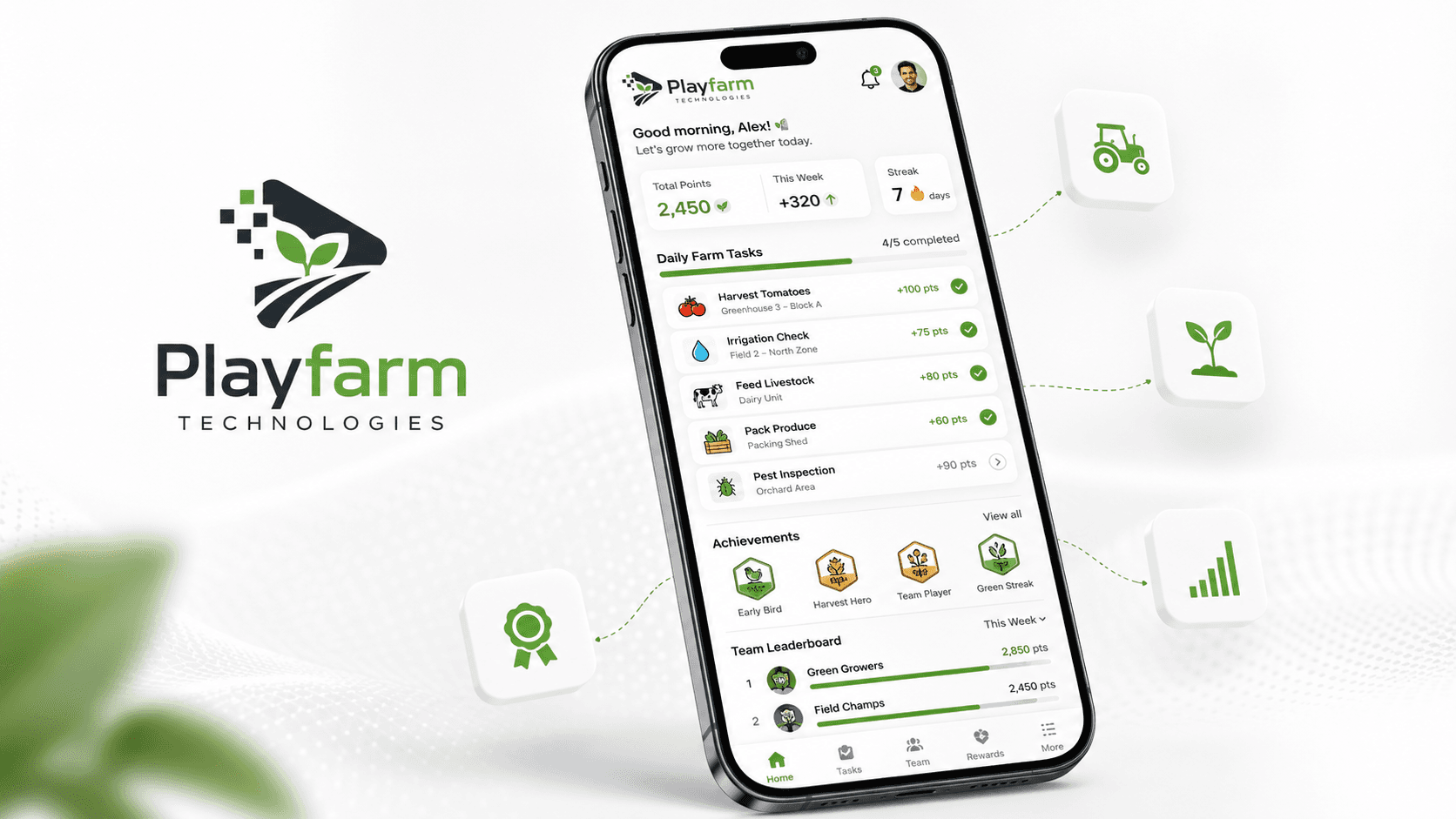 Playfarm mobile app showing daily farm tasks, points, achievements, and team leaderboard